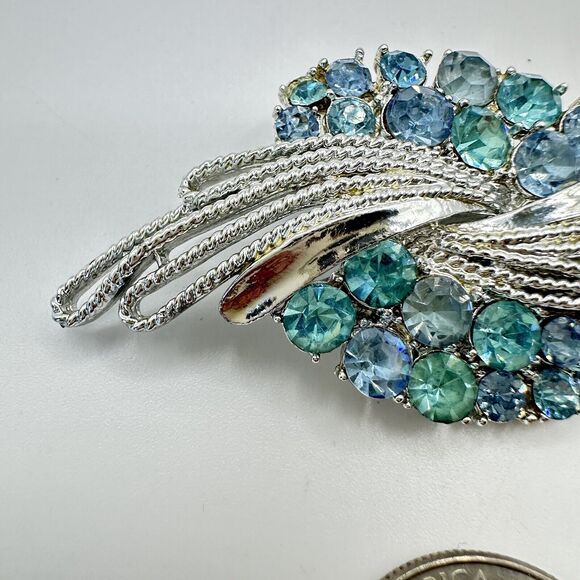 Coro Signed Blue Rhinestone Silver Tone Abstract Brooch Pin Vintage - Picture 7 of 10